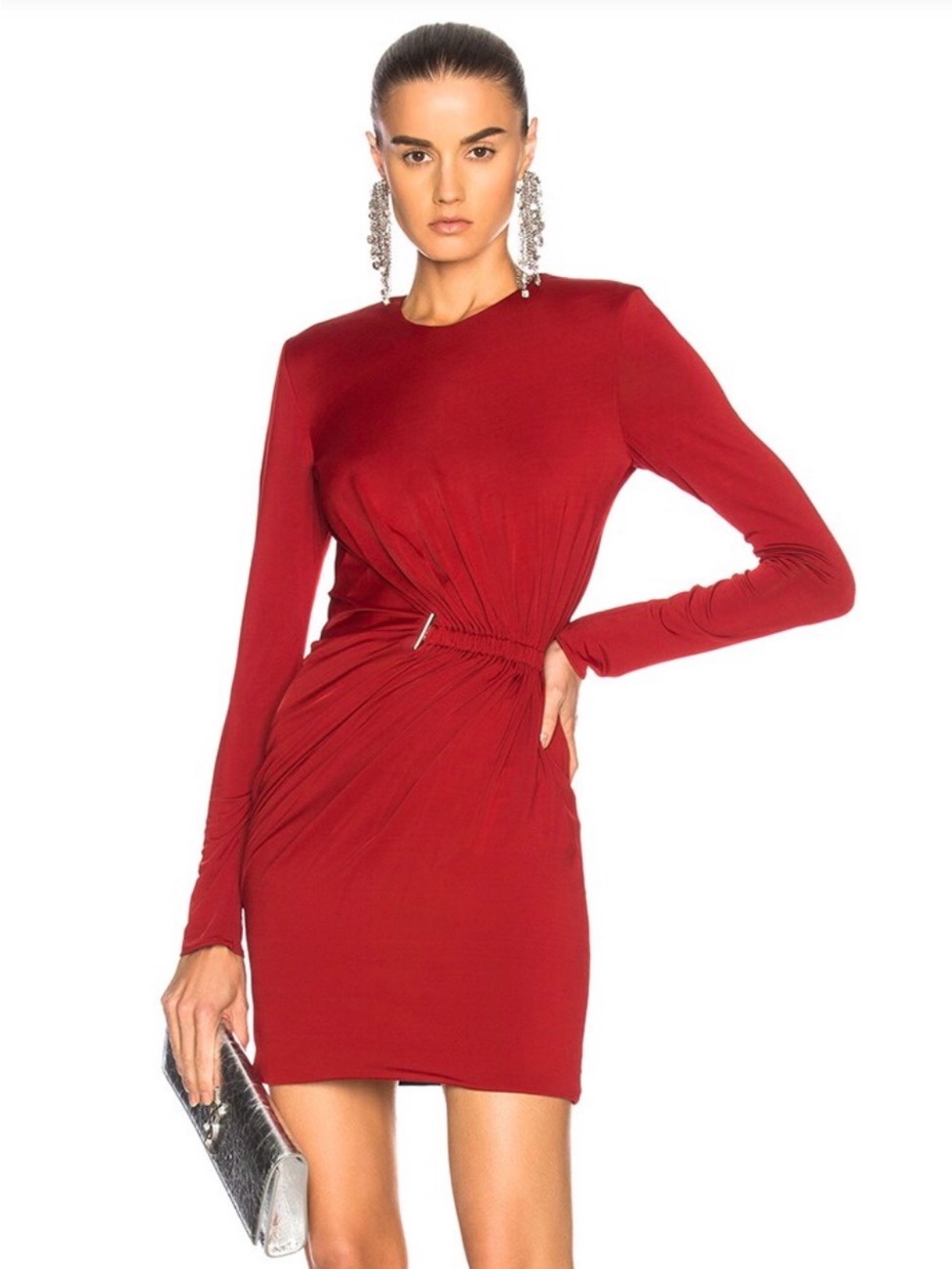 Mugler Wine-Red Long Sleeve Twisted Mini Dress